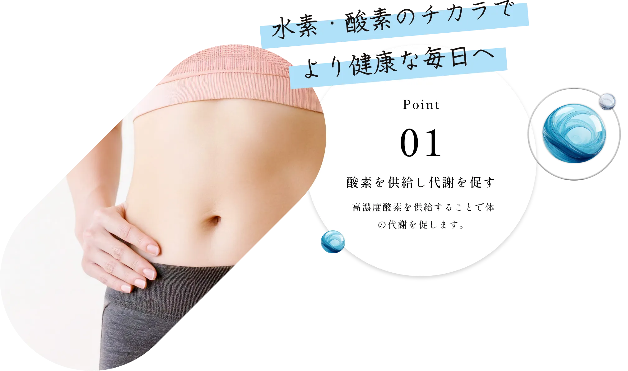 酸素を供給し代謝を促す 高濃度酸素を供給することで体の代謝を促します。